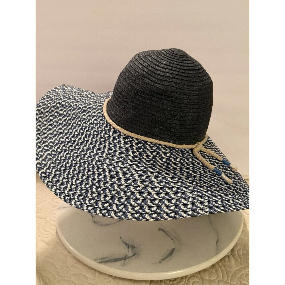 Echo Design Womens Beach Straw Hat Navy Blue White Elastic Band Sun Cap OS